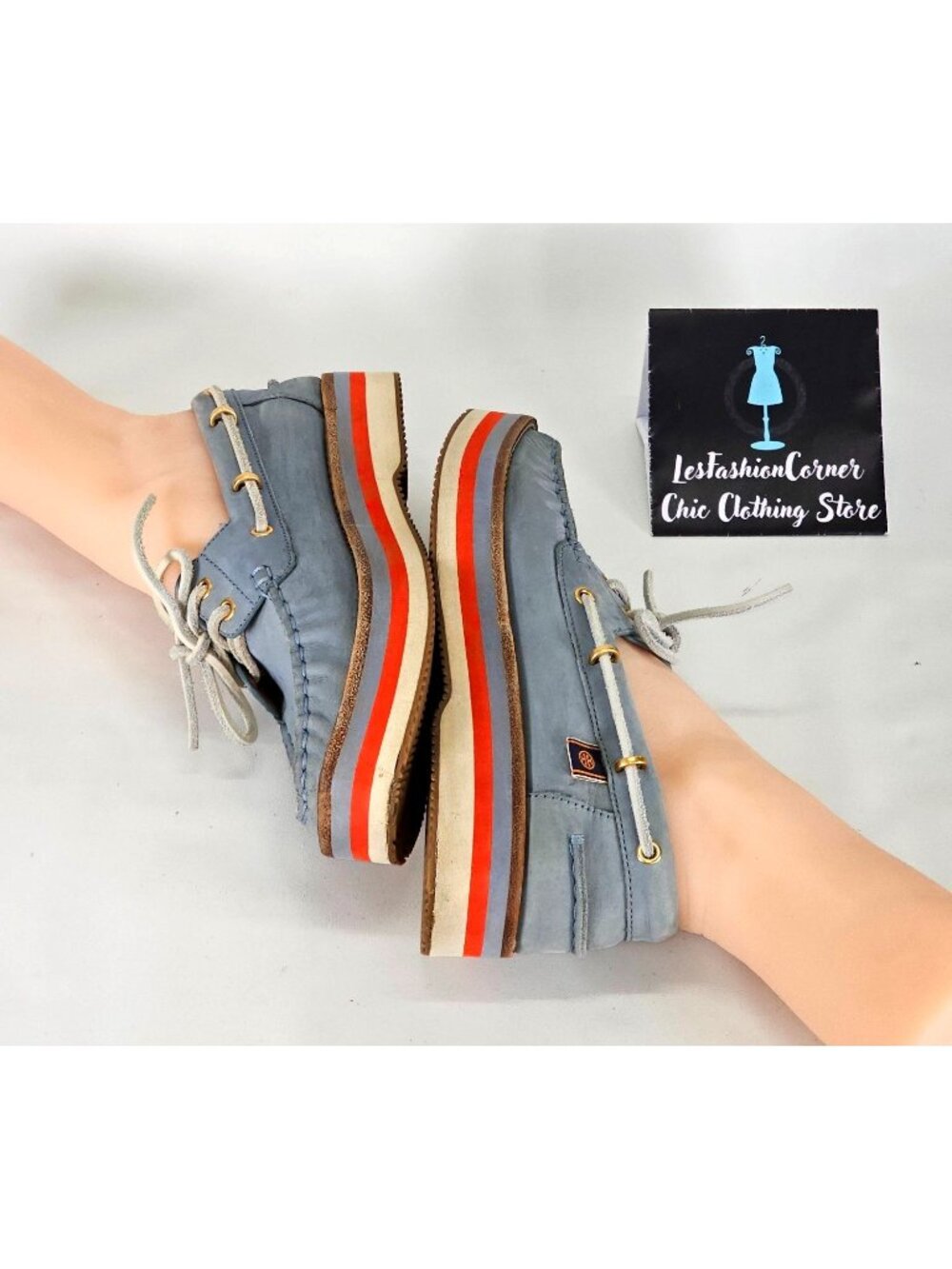 Tory Burch Women's Blue Nubuck Leather Joey Platform Boat Shoes Size 8 241 - Picture 15 of 16